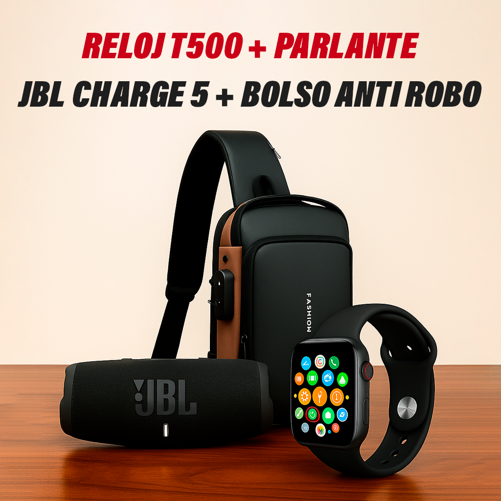 BOLSO ANTIROBO+BAFLE CHARGE 5+RELOJ T500